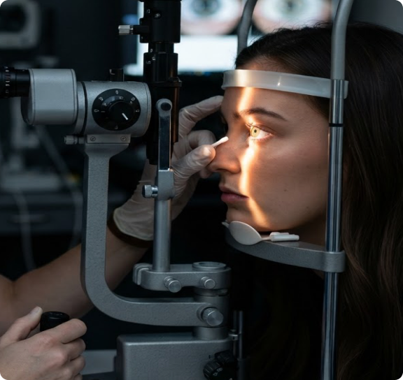 An optometrist performing a detailed contact lens eye exam