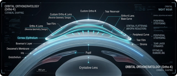 Diagram showing how an Ortho-K lens reshapes the cornea overnight