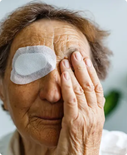 An older patient protecting an injured eye with a medical eye pad